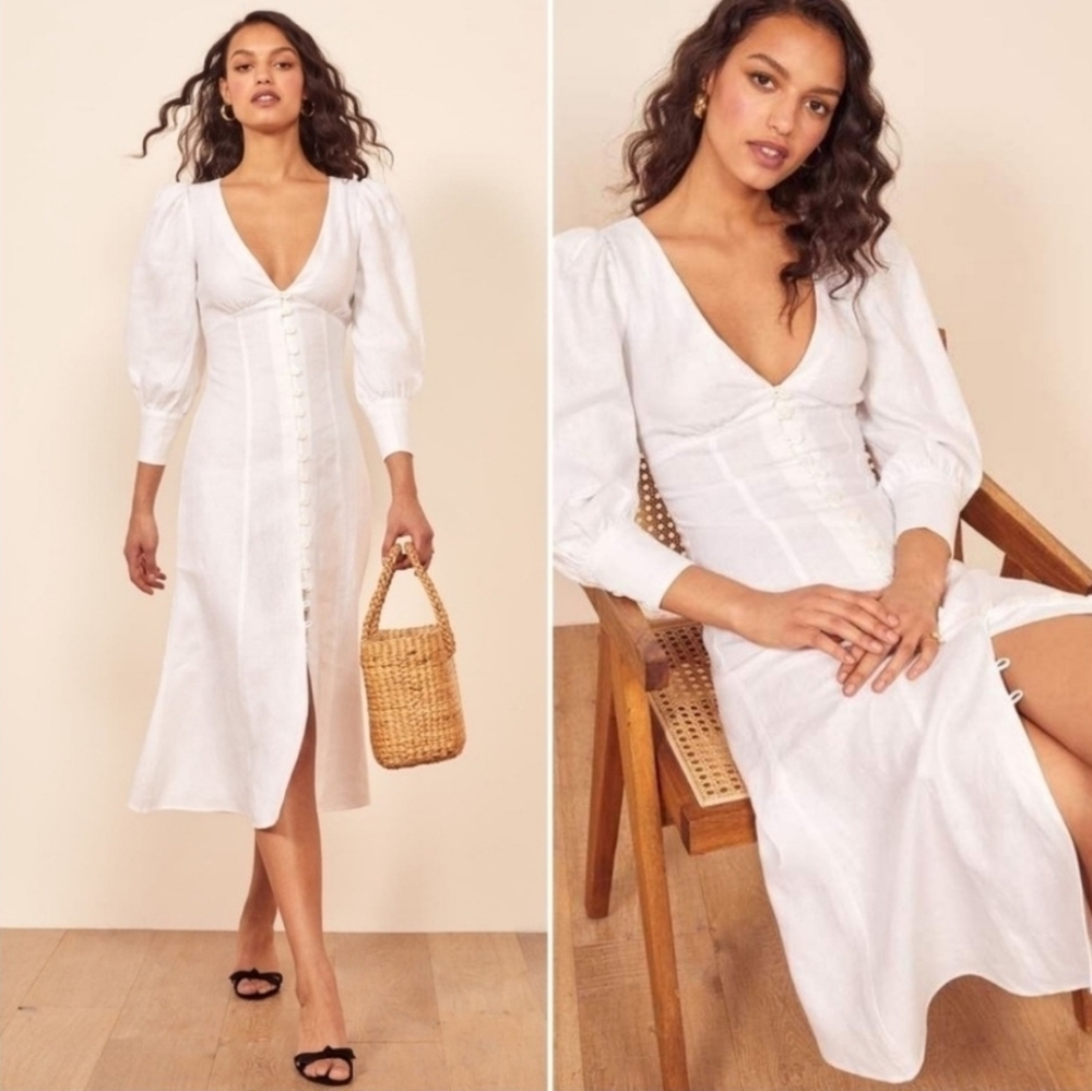 NWT Reformation Clearwater White Midi Dress with Puff Sleeves